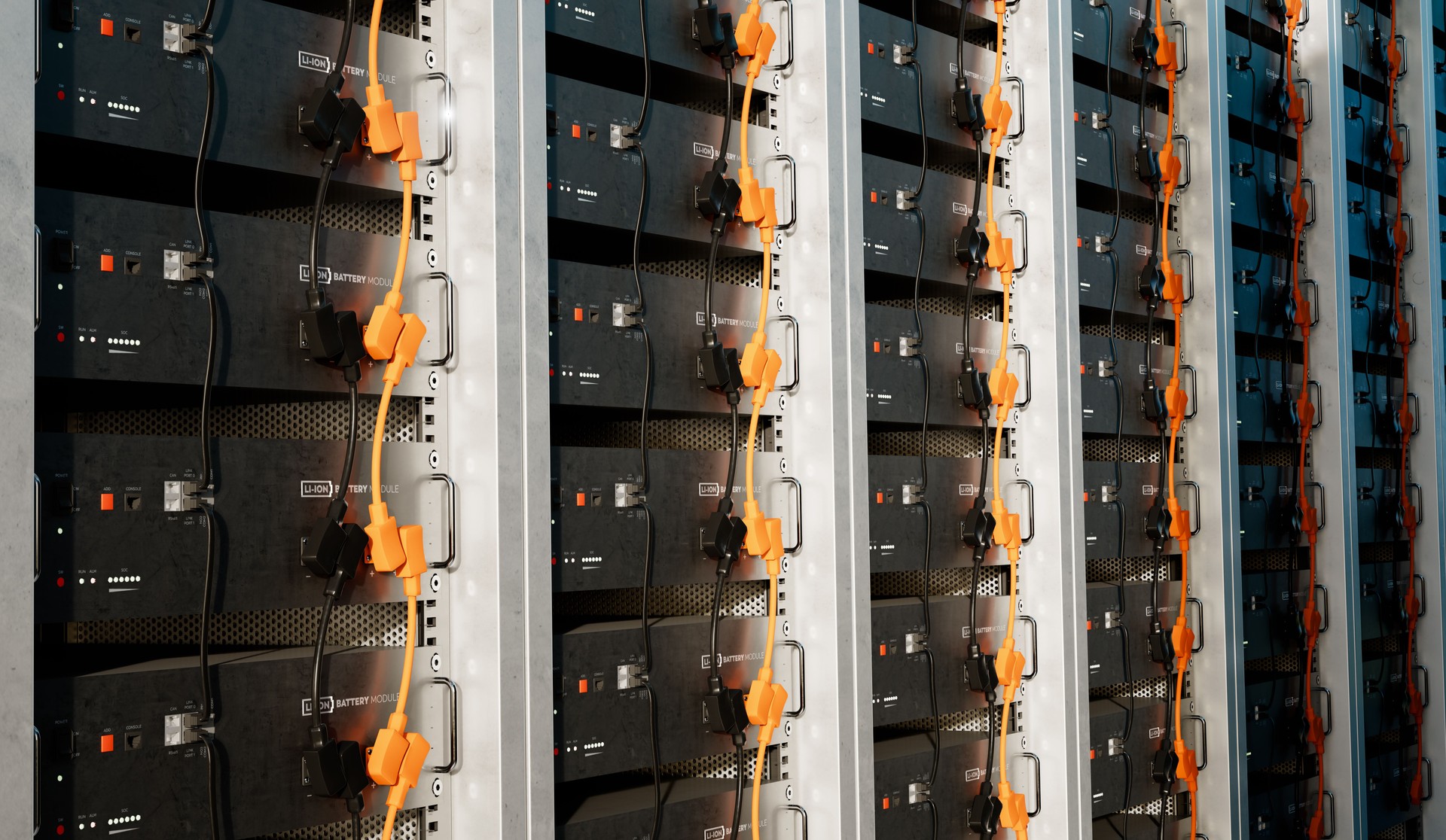 Image of a battery energy storage system consisting of several lithium battery modules placed side by side. This system is used to store renewable energy and then use it when needed. 3d rendering.